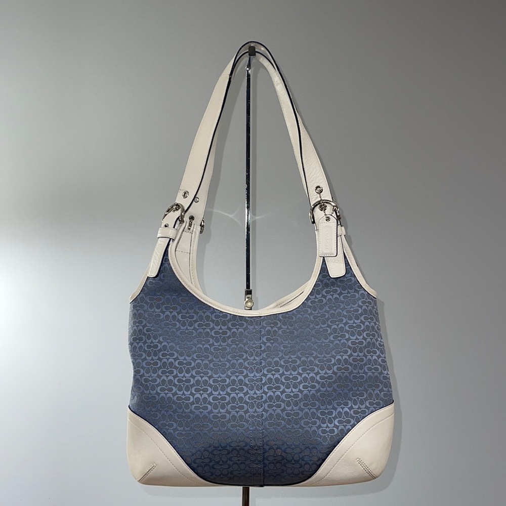 COACH Off White/Blue Signature Fabric Print  Leather Trim Shoulder Bag K3K-6800